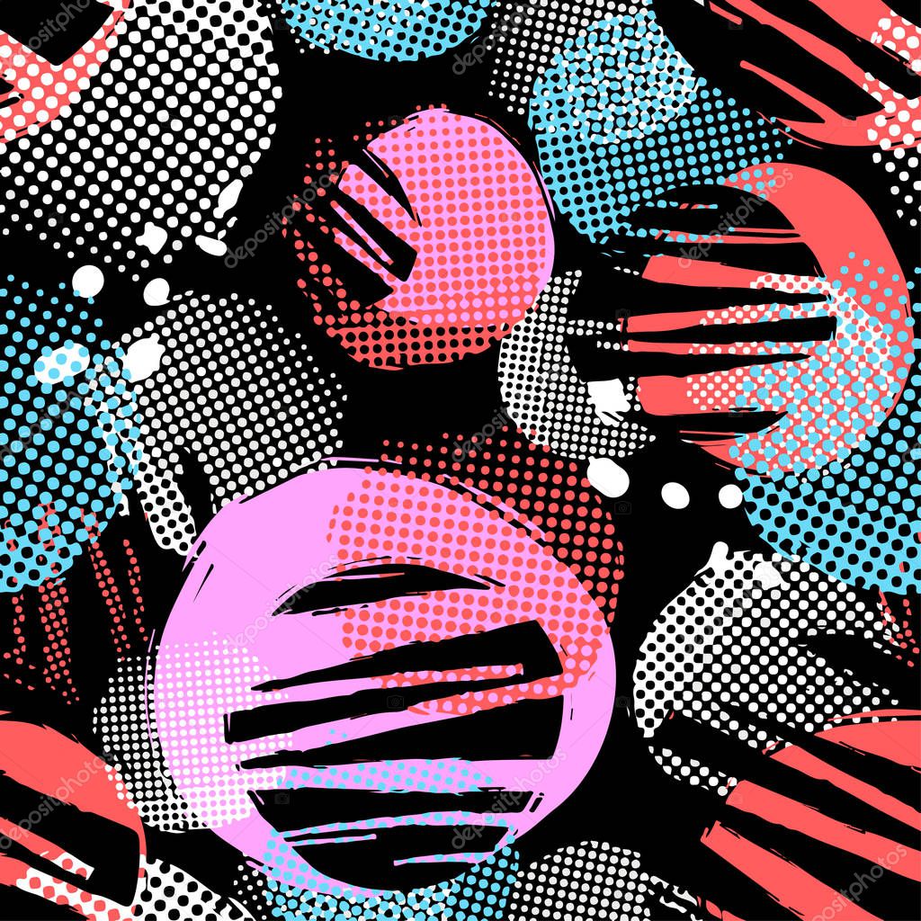 Seamless repeating textile, ink brush strokes pattern in doodle grunge texture style.Handdrawn trendy design, watercolor blotted background for a logo, cards, invitations, posters, banners