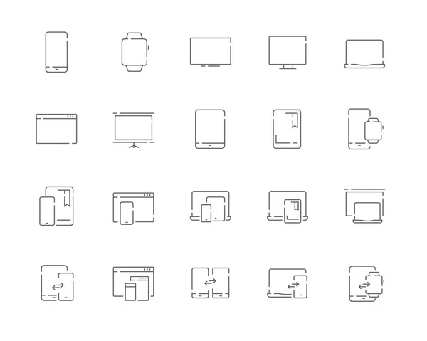 Einfache Reihe von Geräten Vektorzeilen-Websymbolen. enthält Symbole wie Handy, Tablet, Desktop, Uhr, Projektor, Desktop, Fernseher, E-Reader und vieles mehr. editierbarer Schlaganfall. 48x48 Pixel perfekt. — Stockvektor