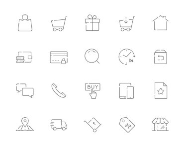Basit bir set E-ticaret vektör hat web simgeleri ile ilgili. Alışveriş sepeti, ödeme, arama, teslimat, iade, destek ve daha fazla olarak böyle simgeleri içerir. Düzenlenebilir inme. 48 x 48 piksel mükemmel.