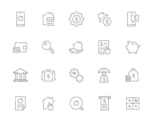 Einfache Reihe von hypothekenbezogenen Vektorzeilen-Websymbolen. enthält Symbole wie Bank, Immobilie, Taschenrechner, Geld und mehr. — Stockvektor