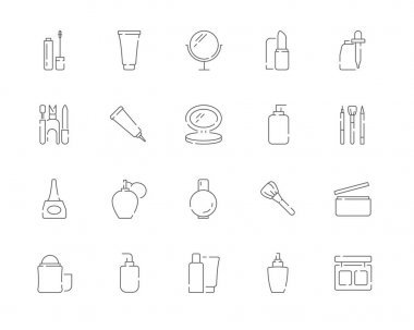 Basit dizi kozmetik ürünleri ve makyaj vektör hat web simgeler. Ruj, göz farı, yağ, krema ve daha fazla olarak böyle simgeleri içerir. Düzenlenebilir inme. 48 x 48 piksel mükemmel.