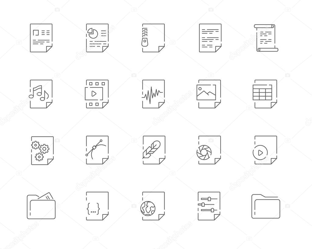 Simple set of File types vector line web icons. Contains such Icons as Document DOC, Presentation PPT, Table XLS, Video AVI, Image JPG and more. Editable Stroke. 48x48 Pixel Perfect.