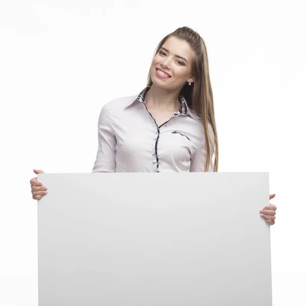 Joven mujer feliz mostrando la presentación, señalando en el cartel sobre — Foto de Stock