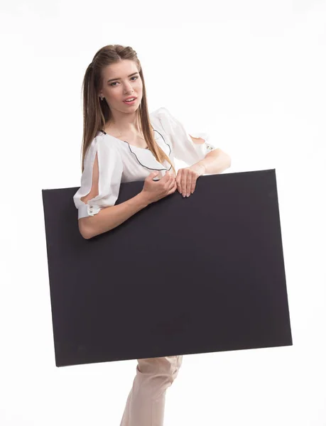 Joven mujer molesta mostrando la presentación, señalando en el cartel — Foto de Stock