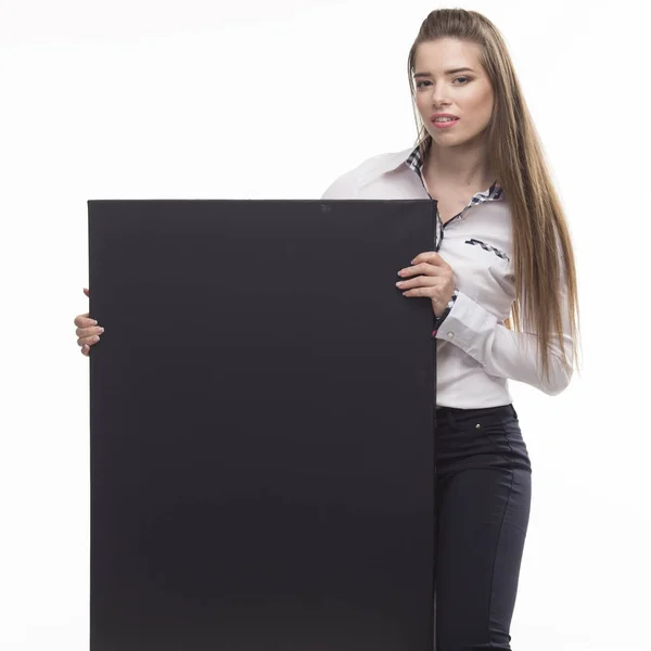 Νέοι σέξι γυναίκα δείχνει παρουσίαση, επισημαίνοντας σχετικά με πλακάτ — Φωτογραφία Αρχείου