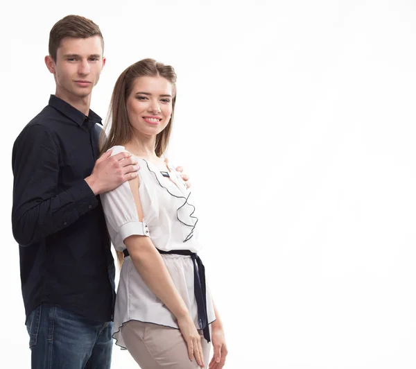 Jovem casal feliz mostrando por mãos — Fotografia de Stock