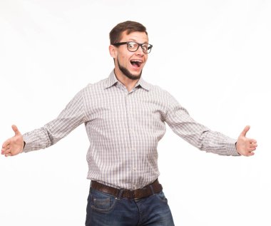 Mutlu delikanlı eller tarafından gösterilen