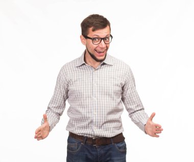 Sunu gösterilen, afiş üzerinde işaret mutlu delikanlı