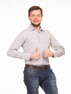 Mutlu delikanlı eller tarafından gösterilen