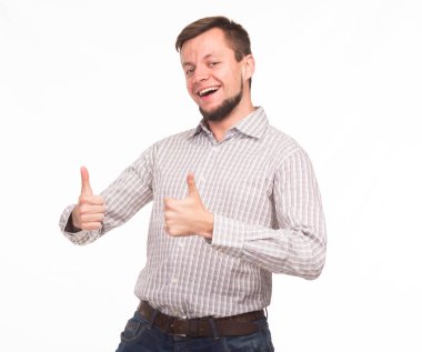 Sunu gösterilen, afiş üzerinde işaret mutlu delikanlı