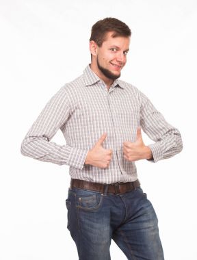 Sunu gösterilen, afiş üzerinde işaret mutlu delikanlı