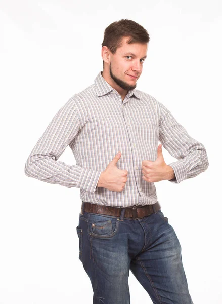 Sunu gösterilen, afiş üzerinde işaret eden genç seksi adam