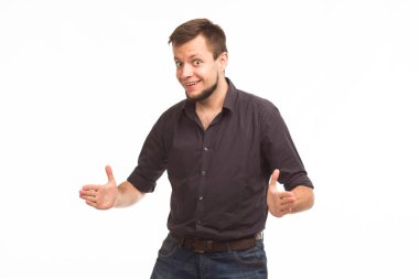 Sunu gösterilen, afiş üzerinde işaret mutlu delikanlı