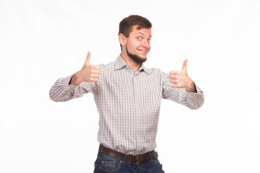 Sunu gösterilen, afiş üzerinde işaret mutlu delikanlı