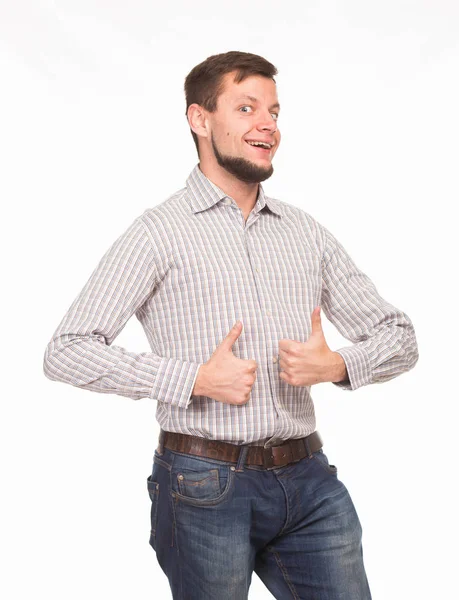 Jovem homem feliz mostrando apresentação, apontando no cartaz — Fotografia de Stock