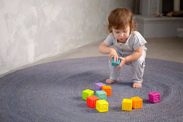 Piccola ragazza felice che gioca con giocattolo sul pavimento . — Foto Stock