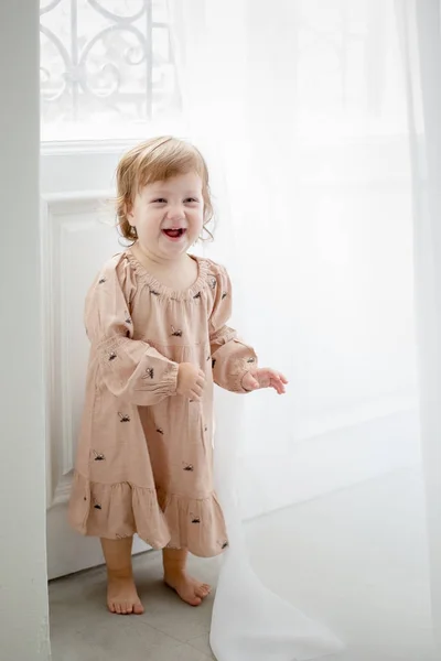 Porträtt av glad liten tjej på grå bakgrund. — Stockfoto