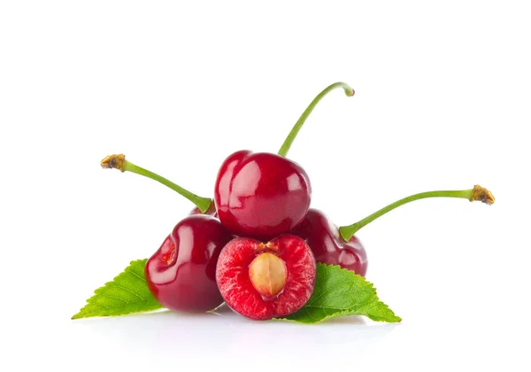 Ripe juicy cherry with green leaf — Stock Photo, Image