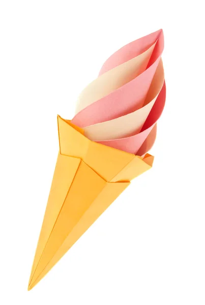 Fruit pink and vanilla ice-cream in waffle cone of origami — Stock Photo, Image