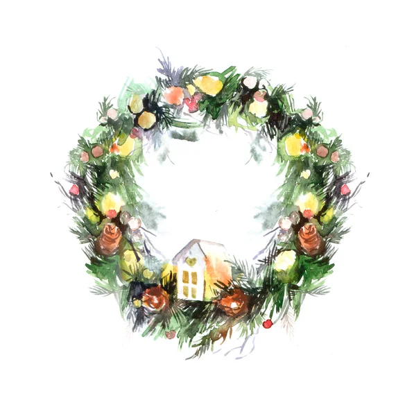 Watercolor Christmas wreath. — Stock Photo, Image