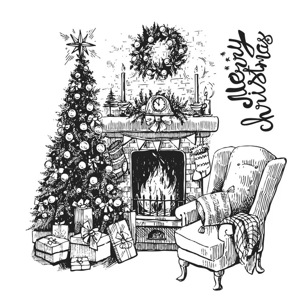 Kerstboom en open haard — Stockvector