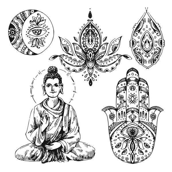 Gambar tangan buddha di atas putih - Stok Vektor