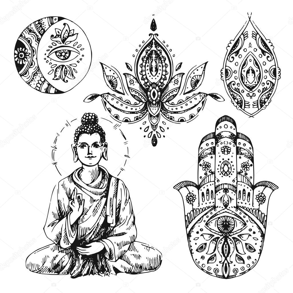 Hand drawn vector illustration with buddha on white background, Boho style