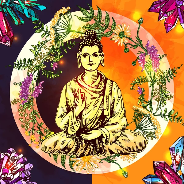 Buddha i blommig cirkel — Stock vektor