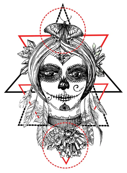 La cabeza de la muchacha con el día los muertos componen — Vector de stock