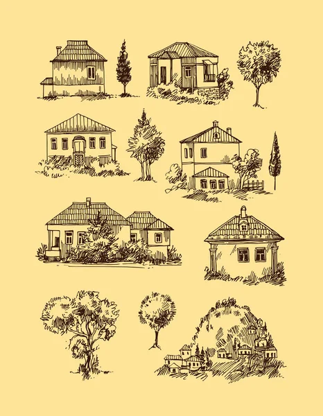 Σπίτια του χωριού. Σκίτσο στυλ — Διανυσματικό Αρχείο