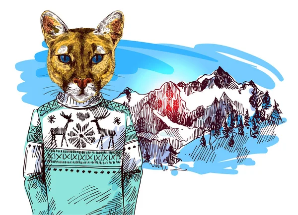 Puma σε πλεκτό πουλόβερ σε βουνά τοπίο. — Διανυσματικό Αρχείο