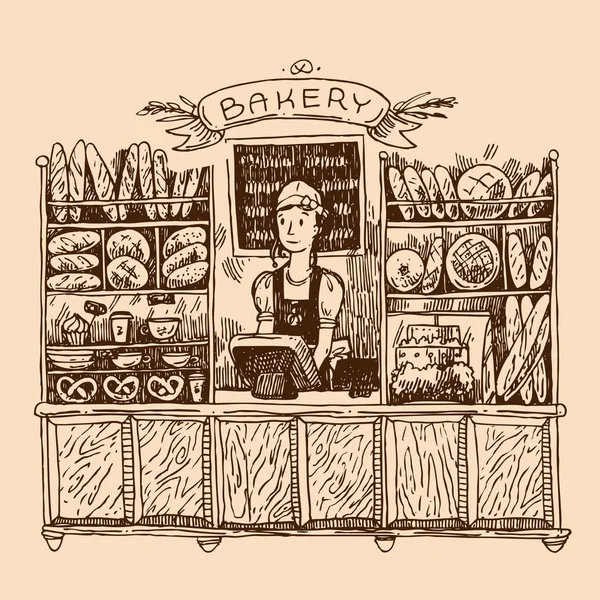 Dibujo vectorial dibujado a mano interior de panadería . — Vector de stock