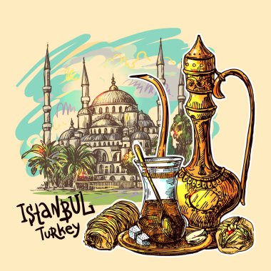 Oryantal tatlılar ve çaydanlık.