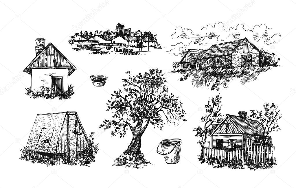 Beautiful hand drawn  illustration eco farm. Sketch style.