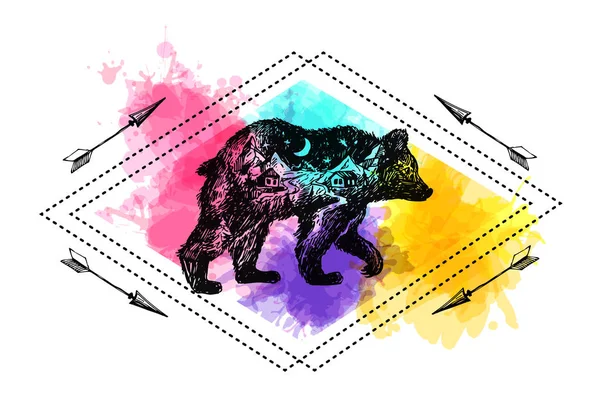 Illustrazione vettoriale disegnata a mano orso con doppia esposizione . — Vettoriale Stock