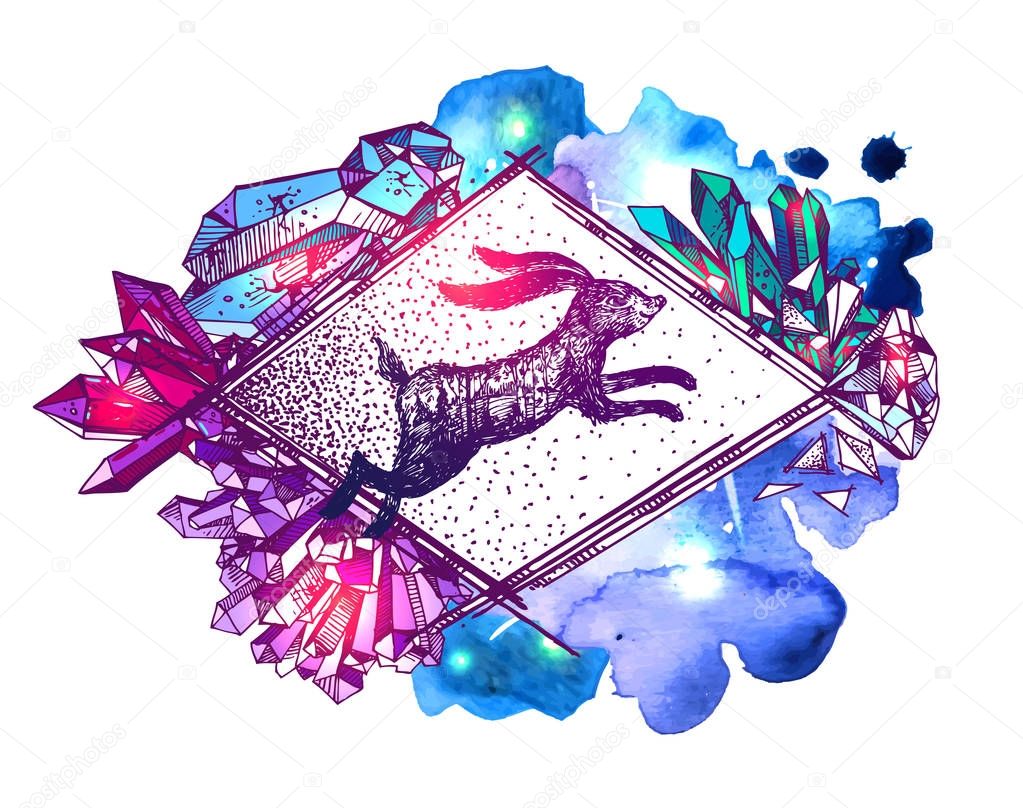 Hand drawn vector illustration rabbit with double exposure. Tattoo style graphic.