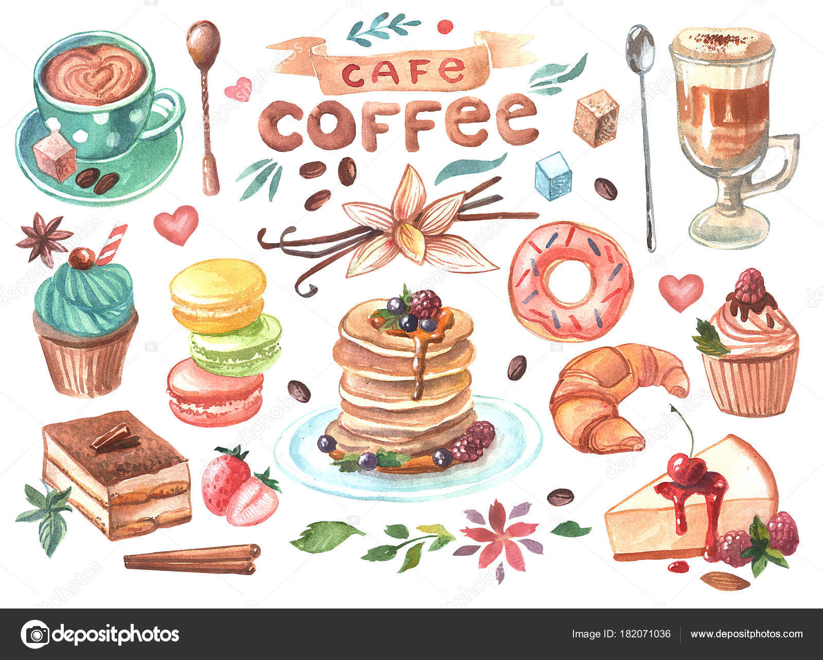 Hand Drawn Watercolor Illustration Coffee And Sweets Stock Photo Image By C Margarita 87 182071036