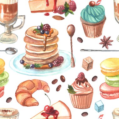 Elle çizilmiş suluboya resim kahve ve tatlılar