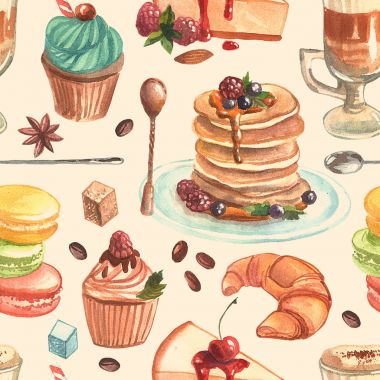 Elle çizilmiş suluboya resim kahve ve tatlılar