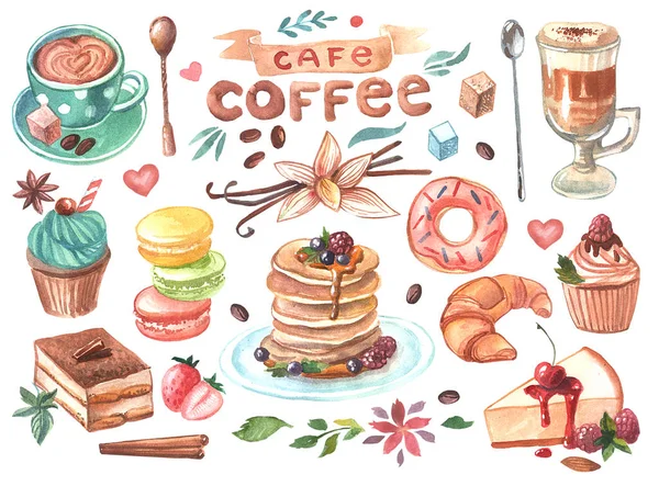 Hand getrokken aquarel illustratie koffie en snoep — Stockfoto