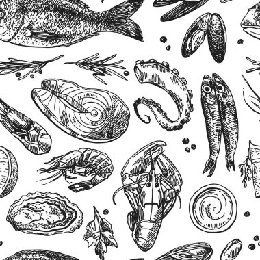 El vektör çizim deniz mahsülleri çekilmiş. Vintage kroki tarzı.