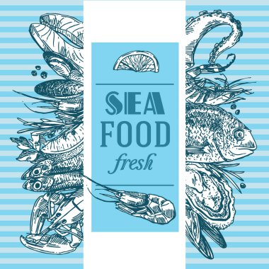 El vektör çizim deniz mahsülleri çekilmiş. Vintage kroki tarzı.