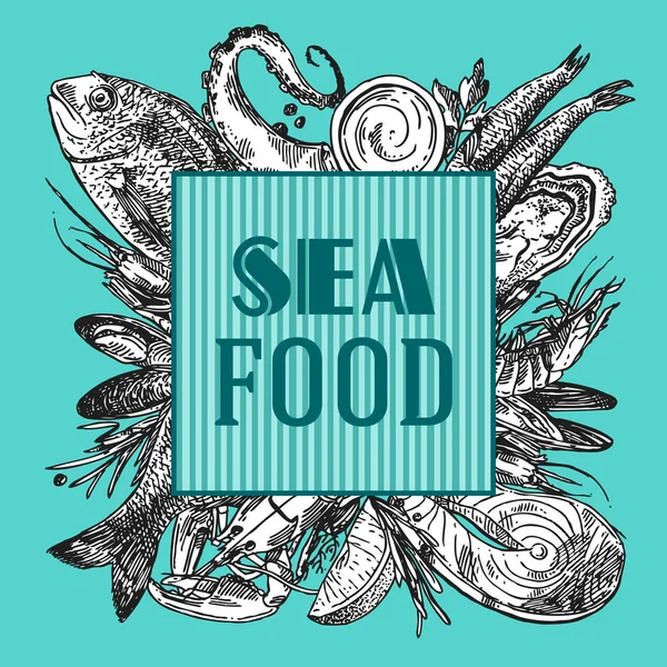 El vektör çizim deniz mahsülleri çekilmiş. Vintage kroki tarzı.