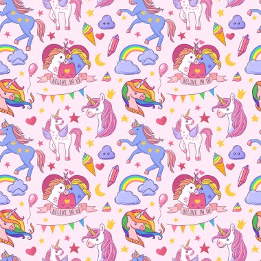 Güzel el çizilmiş vektör seamless modeli tek boynuzlu at