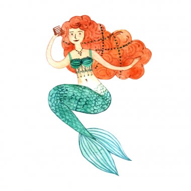 El çekilmiş güzel illüstrasyon suluboya deniz kızı