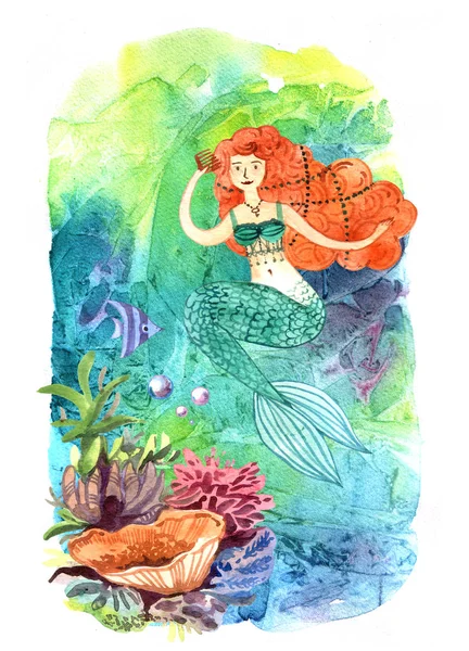 Hand dras vacker illustration akvarell sjöjungfru — Stockfoto