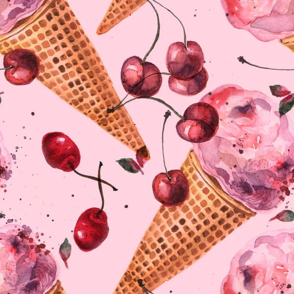 Pięknych, ręcznie rysowane akwarela ilustracja cherry ice cream — Zdjęcie stockowe