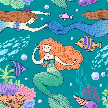 Elle çizilmiş vektör çizim deniz kızı. 