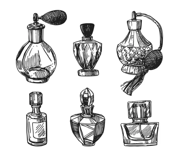 Flacons de parfum illustration vectorielle. Image dessinée à la main de style croquis — Image vectorielle