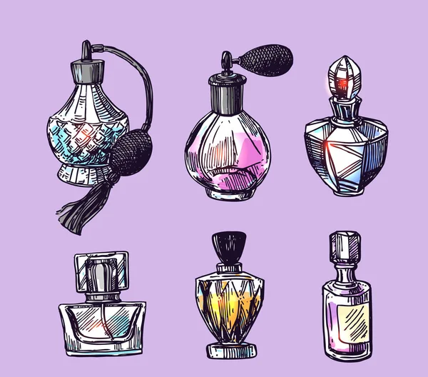 Fragranza bottiglie vettoriale illustrazione. Immagine disegnata a mano in stile schizzo — Vettoriale Stock